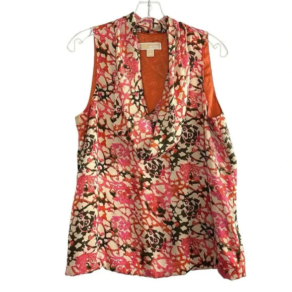 Michael Kors Cowl Neck Bubble Blouse Top Size Large Orange Brown Fall - Picture 1 of 13